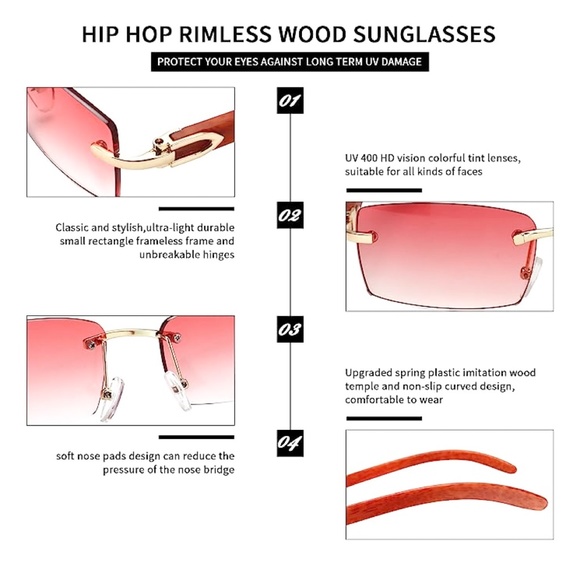 Gold Frame Rimless Pretty Women's Pink Tinted Mens 90's 2000s Fashion Sunglasses - Picture 5 of 5